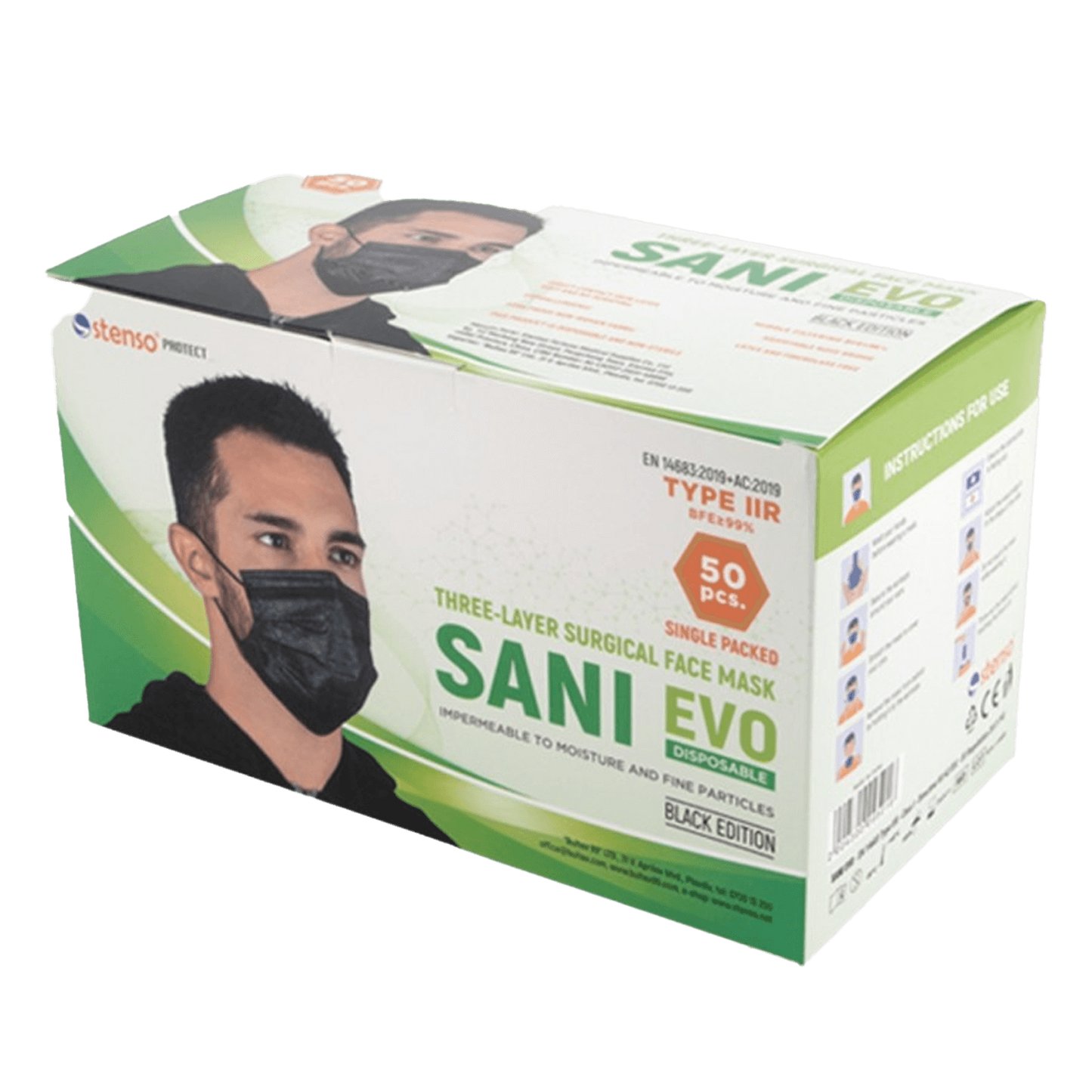 Three-ply medical mask SANI EVO BLACK - TYPE IIR - 50 pcs - 1