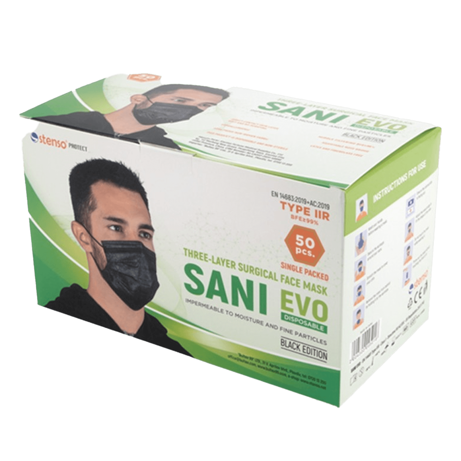 Three-ply medical mask SANI EVO BLACK - TYPE IIR - 50 pcs - 1
